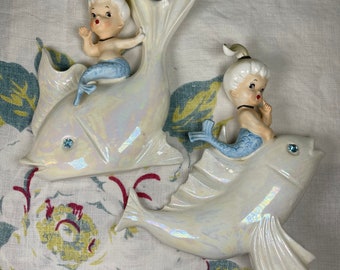 Vintage Norcrest Mermaids riding fish wall plaques-Kawaii Kitsch-mid century-kitschy mermaids-Lustre mermaids-bathroom decor-pair-atomic era