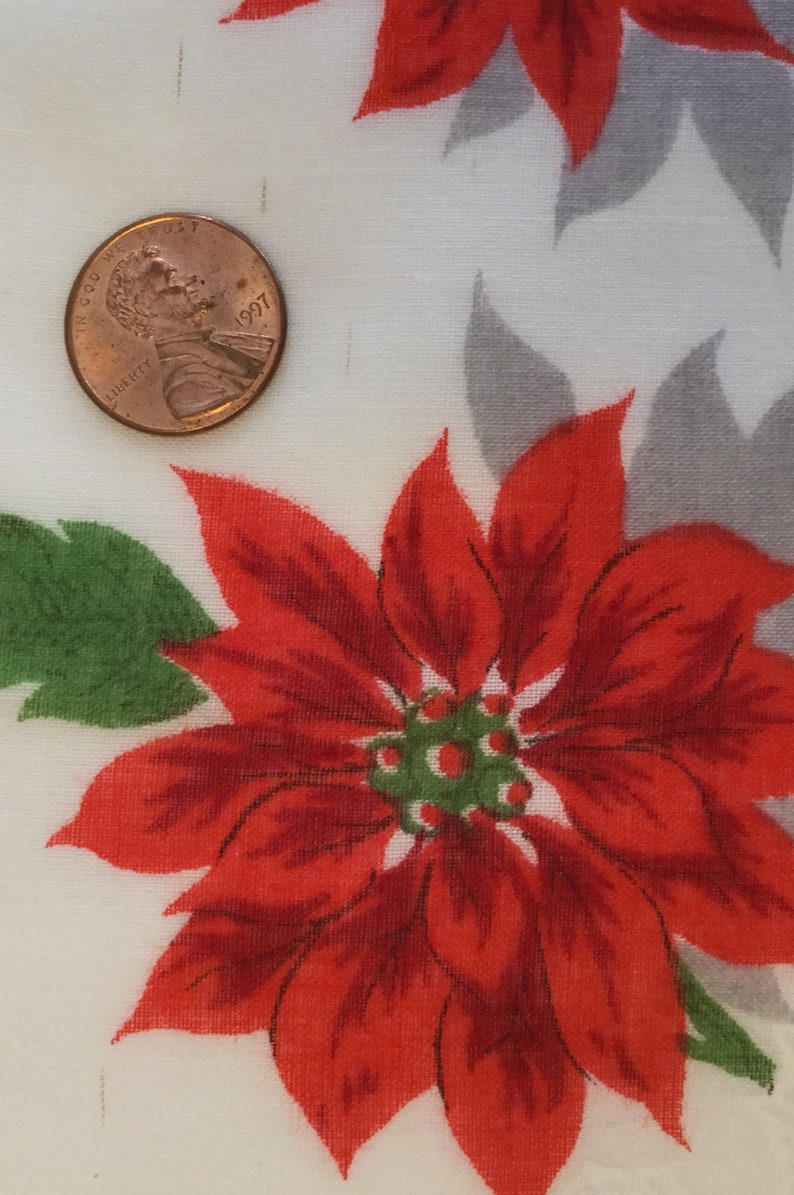 Vintage 1960s white cotton Christmas handkerchief retro kitschy rockabilly Xmas hankie red poinsettias green white ivy red berries