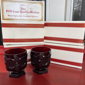 Vintage Avon 1876 Cape cod collection small footed glass set-Ruby red glass-sandwich glass-retired-NOS-juice-Holiday-1988-set of 2-Roman Ros