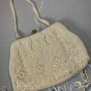 Vintage Walborg 1950s white iridescent beaded floral purse handbag - retro midcentury - Christmas New Years wedding bridal Mother's Day