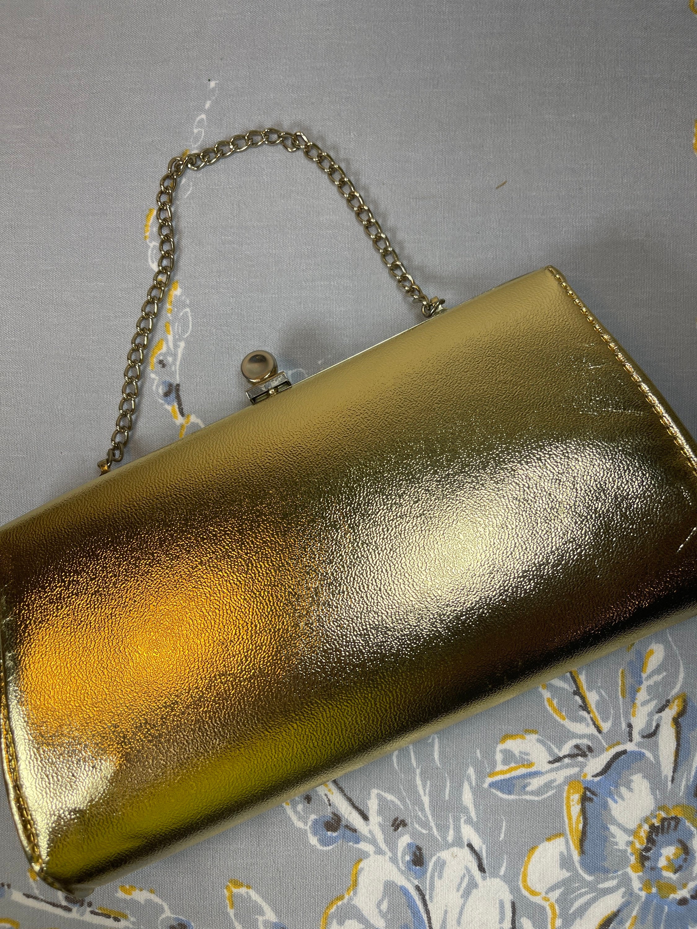 Vintage Shiny Metallic Gold Clutch Purse Handbag - Kitschy Retro Mid-Century - Formal Party Wedding Prom Christmas New Years Quinceanera
