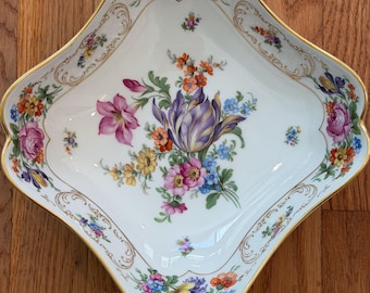 Antique P.T. Bavaria Tirschenreuth Dresden Decoration Bowl Diamond Porcelain Hand Painted Gold Gilt Scroll 1910s German Fine China