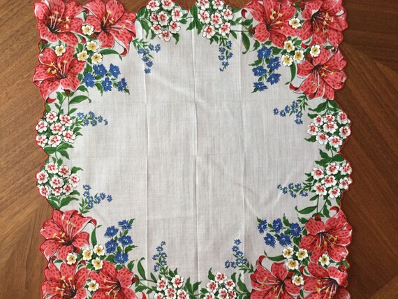 Vintage 1960s white gauzy cotton floral handkerch… - image 5