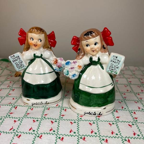 Vintage Relco japan Goldilocks salt and pepper shakers-mid century-kitschy-story book-brown hair-nursery rhyme-rare set-cute-fairy tale