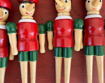 Vintage wood Pinocchio Christmas ornaments-kitschy-tree-midwest-hand painted-1970s xmas-retro-wooden-story book-red-green-whimsical-4 avail