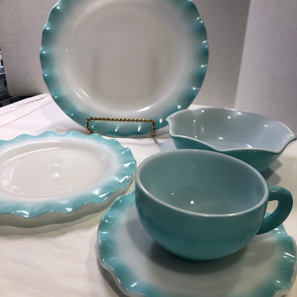 Vintage Hazel Atlas Ripple dinnerware - set of crinoline turquoise place setting-dinner plate-dessert plate- bowl - cup-saucer - milk glass