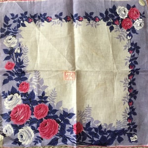 Vintage NOS 1950s white linen floral handkerchief-Ceil Chapman Carol Stanley Philippines-pink purple white flowers-retro midcentury hankie image 5