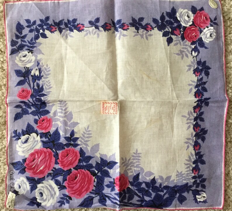 Vintage NOS 1950s white linen floral handkerchief-Ceil Chapman Carol Stanley Philippines-pink purple white flowers-retro midcentury hankie image 5