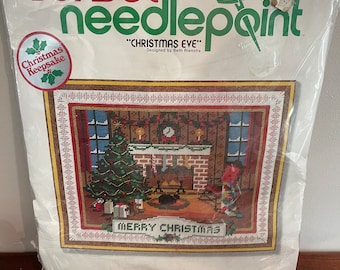 Vintage sunset needlepoint Christmas Eve embroidery kit-1978-NOS-kitschy-xmas-embroidered-crewel-Do it yourself kit-Kitschy-DIY-crafting