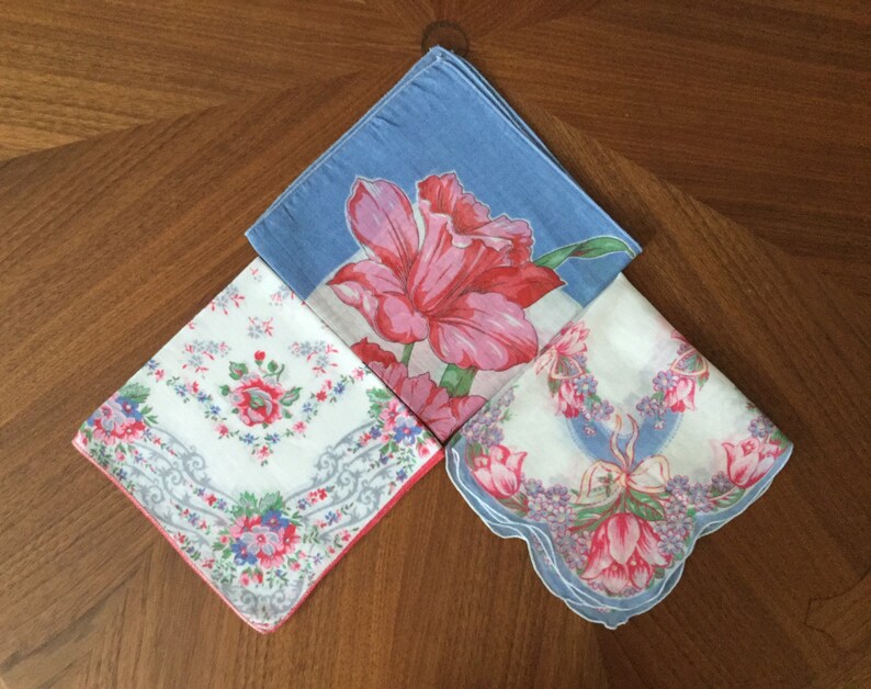retro kitschy rockabilly midcentury hankies Vintage 1960s 3 cotton floral handkerchiefs pink blue green flowers scalloped edges