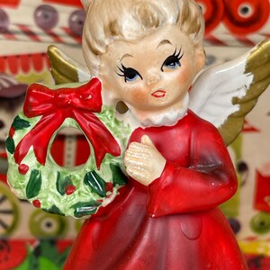 Vintage Napcoware Christmas angel X6964-kitschmas-kitschy angel-xmas  angel-angel holding wreath-mid century-retro xmas-angel in red dress