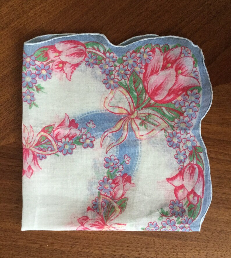 retro kitschy rockabilly midcentury hankies Vintage 1960s 3 cotton floral handkerchiefs pink blue green flowers scalloped edges