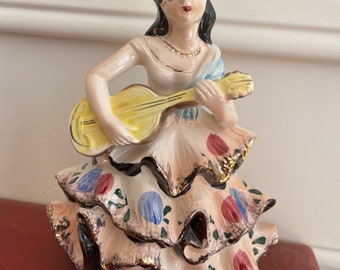 Vintage all ceramic large figurine Spanish girl in ruffle dress-Flamenco dancer musician-Mid century-kitschy-holding guitar-singer-atomic er