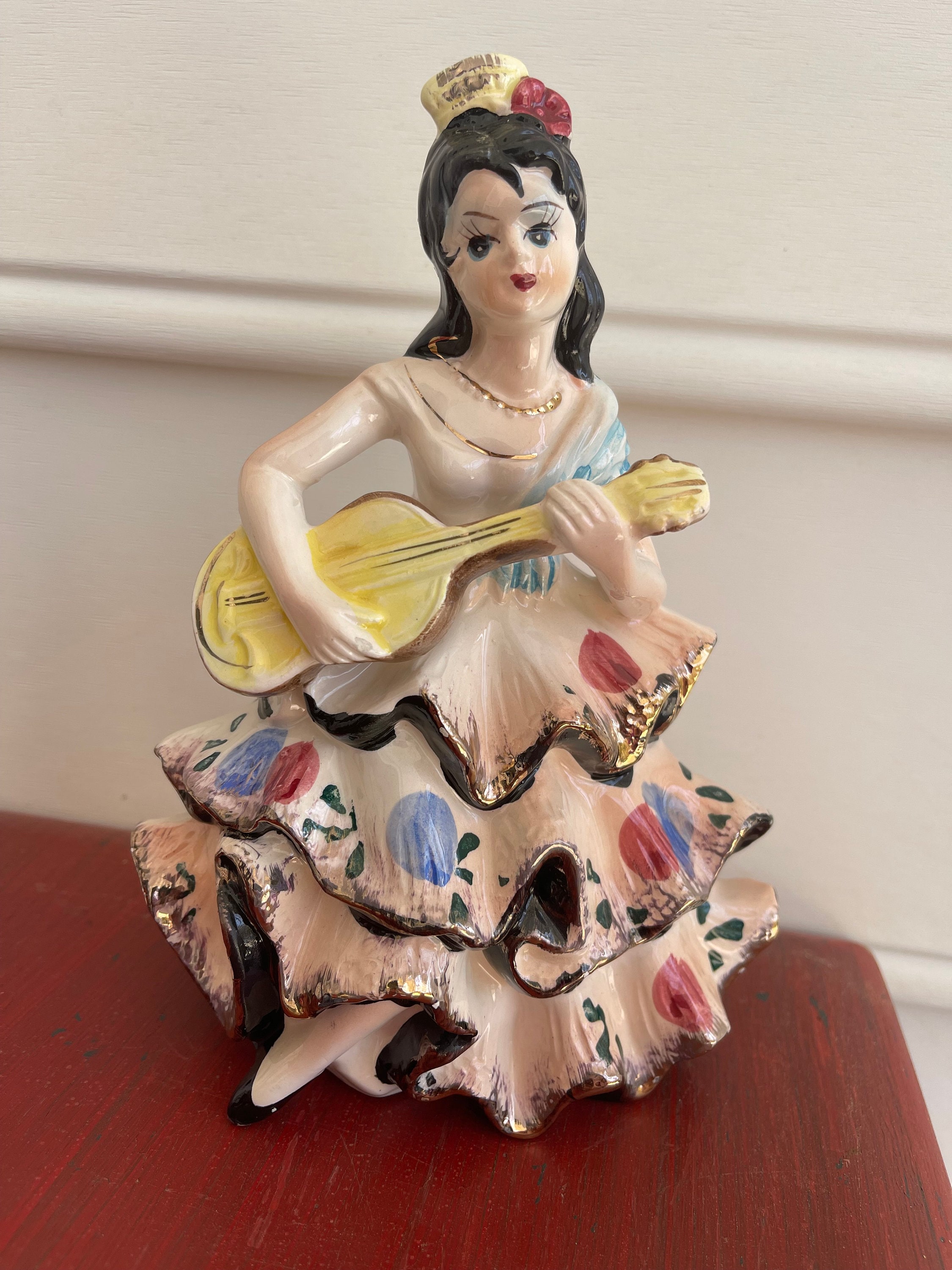 Vintage All Ceramic Large Figurine Spanish Girl in Ruffle Vintage All Ceramic Large Figurine Spanish Girl in Ruffle