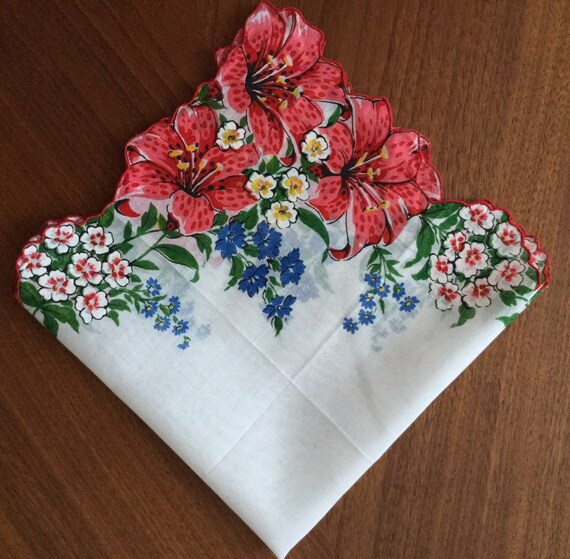 Vintage 1960s white gauzy cotton floral handkerch… - image 2