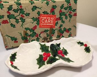 Vintage Lefton White Holly server-1970 Lefton nut tray, Christmas tray - Vintage Lefton - Holly server - olive tray - Christmas entertaining