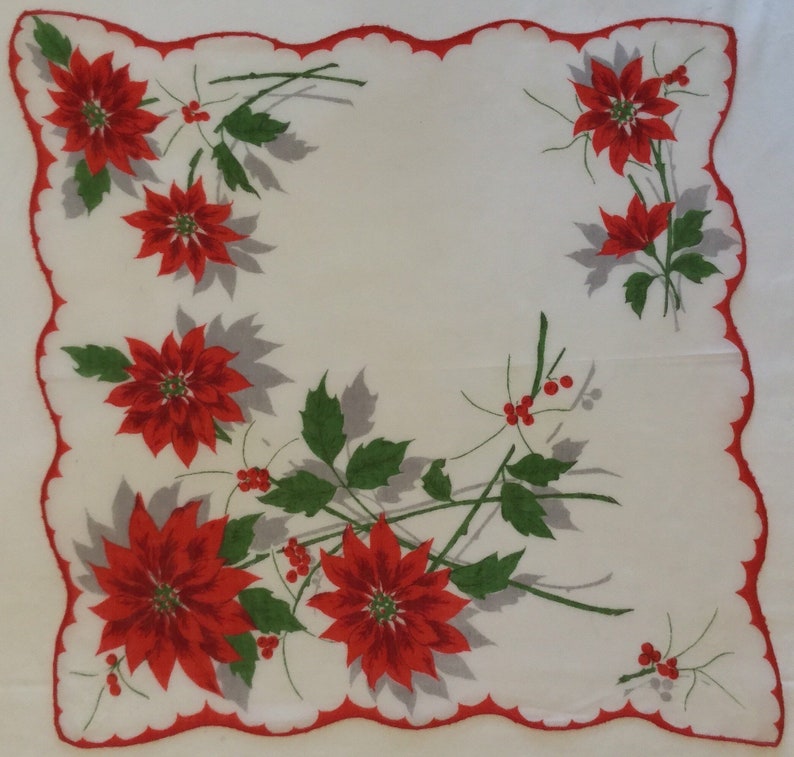 Vintage 1960s white cotton Christmas handkerchief retro kitschy rockabilly Xmas hankie red poinsettias green white ivy red berries