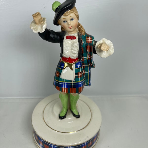 Vintage Schmid Japan Scottish girl music box-Irish girl-St Patrick’s day-kitschy-mid century-tartan plaid-"Blue Bells of Scotland" wind up