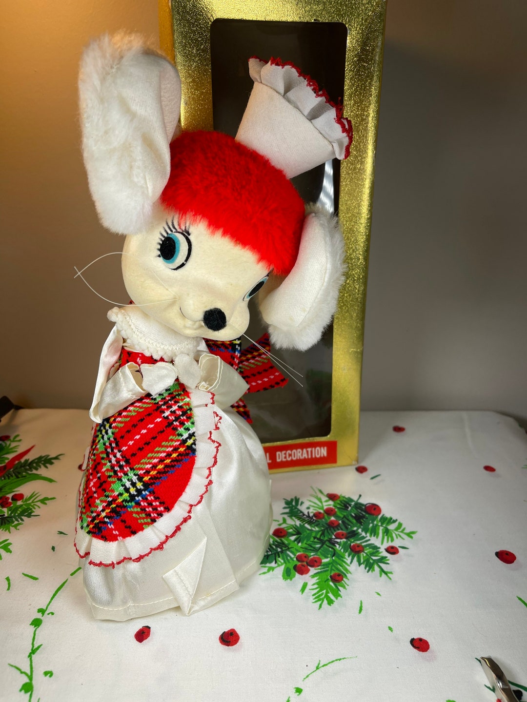 Vintage Christmas Mouse Musical Decorationwind Upflockedjingle Bells