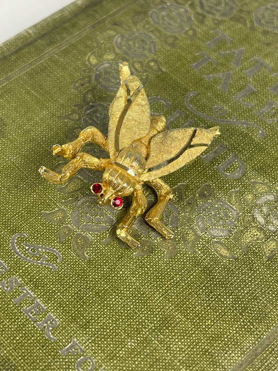Vintage BSK Fly Pin-gold Tone-faux Ruby Eyes-mid Century-creepy