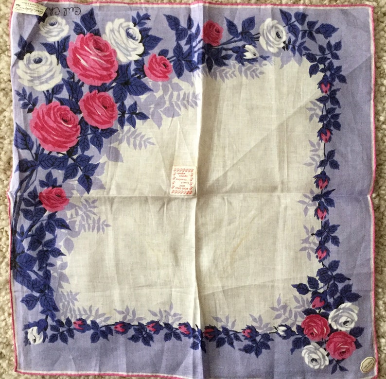 Vintage NOS 1950s white linen floral handkerchief-Ceil Chapman Carol Stanley Philippines-pink purple white flowers-retro midcentury hankie image 7