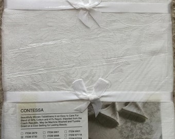 Vintage Contessa New in Package white damask cotton rayon round tablecloth-Made in Czech Republic-Mid Century-Christmas-Easter-68" round
