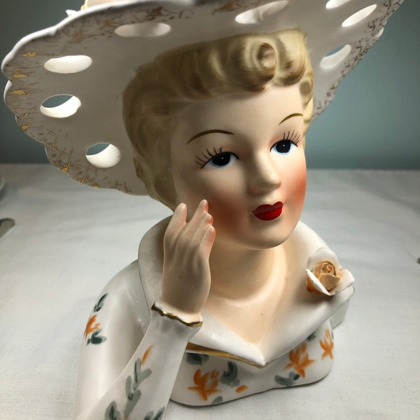 Vintage lady head vase-glamour girl-southern belle-ribbon hole hat-pretty girl vase- lady bust vase-Hollywood style-Napco 3140S- Mid century