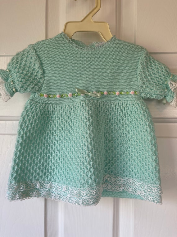 Vintage baby girl dress-crocheted baby dress-turq… - image 1