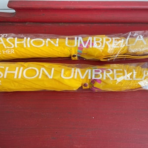 Vintage Avon NOS canary yellow umbrella-kitschy-1980s-geometric-large umbrella-fashion umbrella for her-spring-rainy day-kitschy-movie set