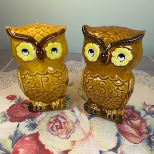 Vintage Owl salt and pepper shakers-kitschy-mid century-wise old owls-1970s kitchen-Retro owls-Owl Salt Shaker-Owl Pepper shaker-Boho owls