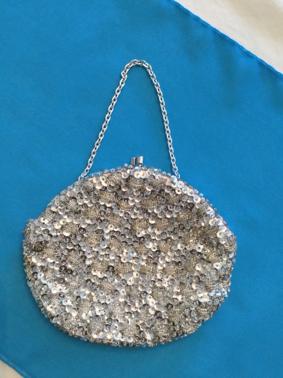 Vintage Silver sequined beaded clutch handbag with