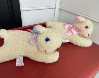 Vintage 1970s Dollcraft industries toy lamb-plush lamb-Easter-pink eyes-blue eyes-stuffed toy-kitschy-baby gift-baby's room-cute-kids-displa