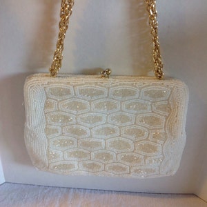 Rich 1950s Beaded Evening Bag - White & Ivory Beadwork Formal