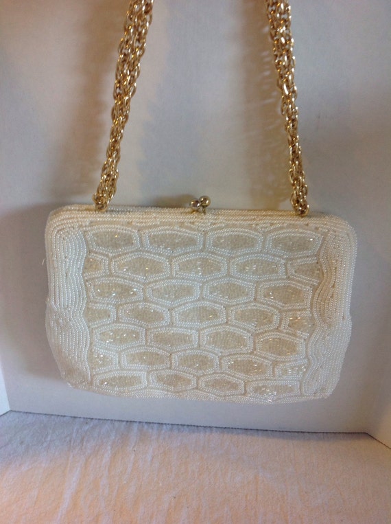 Vintage Walborg White Beaded Evening Clutch Bag, Hand Made in Japan, Gold  Chain