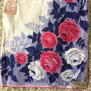 Vintage NOS 1950s white linen floral handkerchief-Ceil Chapman Carol Stanley Philippines-pink purple white flowers-retro midcentury hankie image 6
