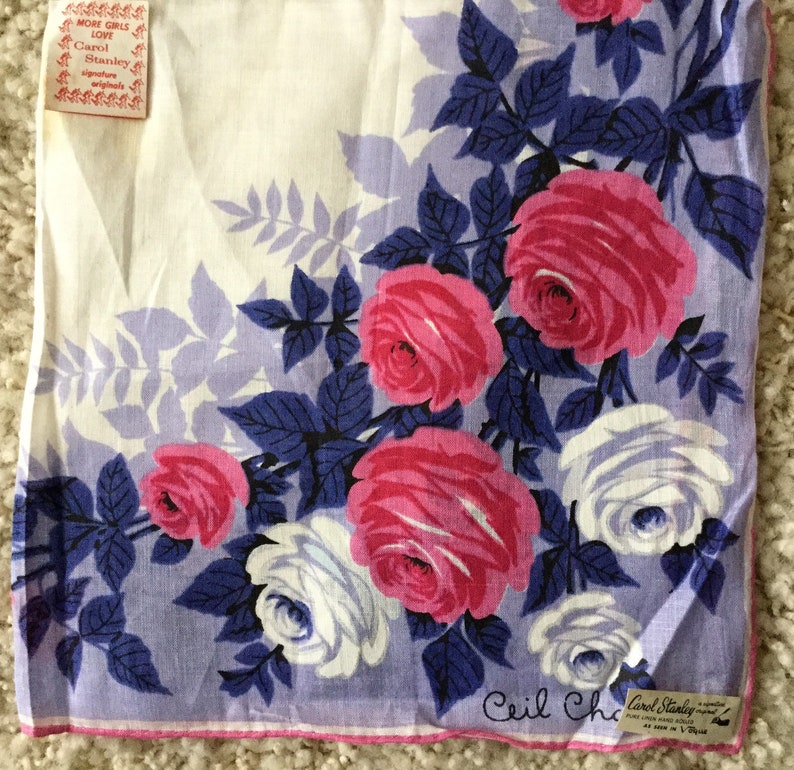 Vintage NOS 1950s white linen floral handkerchief-Ceil Chapman Carol Stanley Philippines-pink purple white flowers-retro midcentury hankie image 6