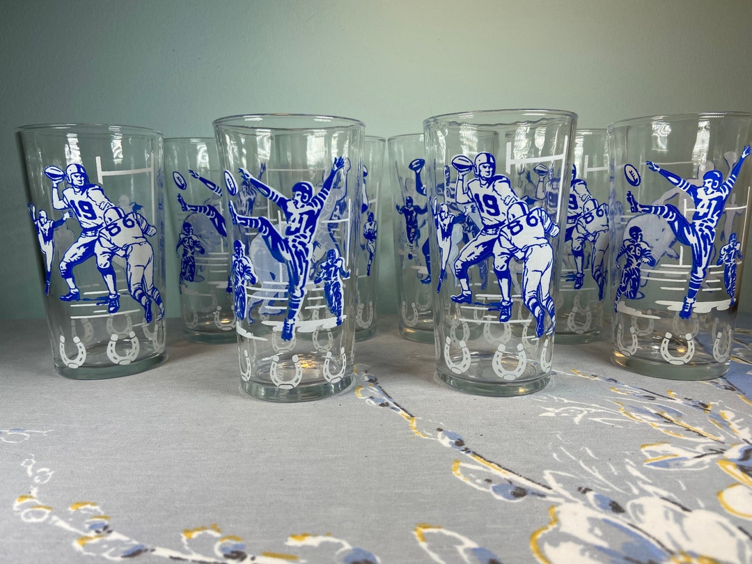Vintage Football Drinking Glassesset of 8mid Centuryfootball Partyblue and Whitekitschyfun