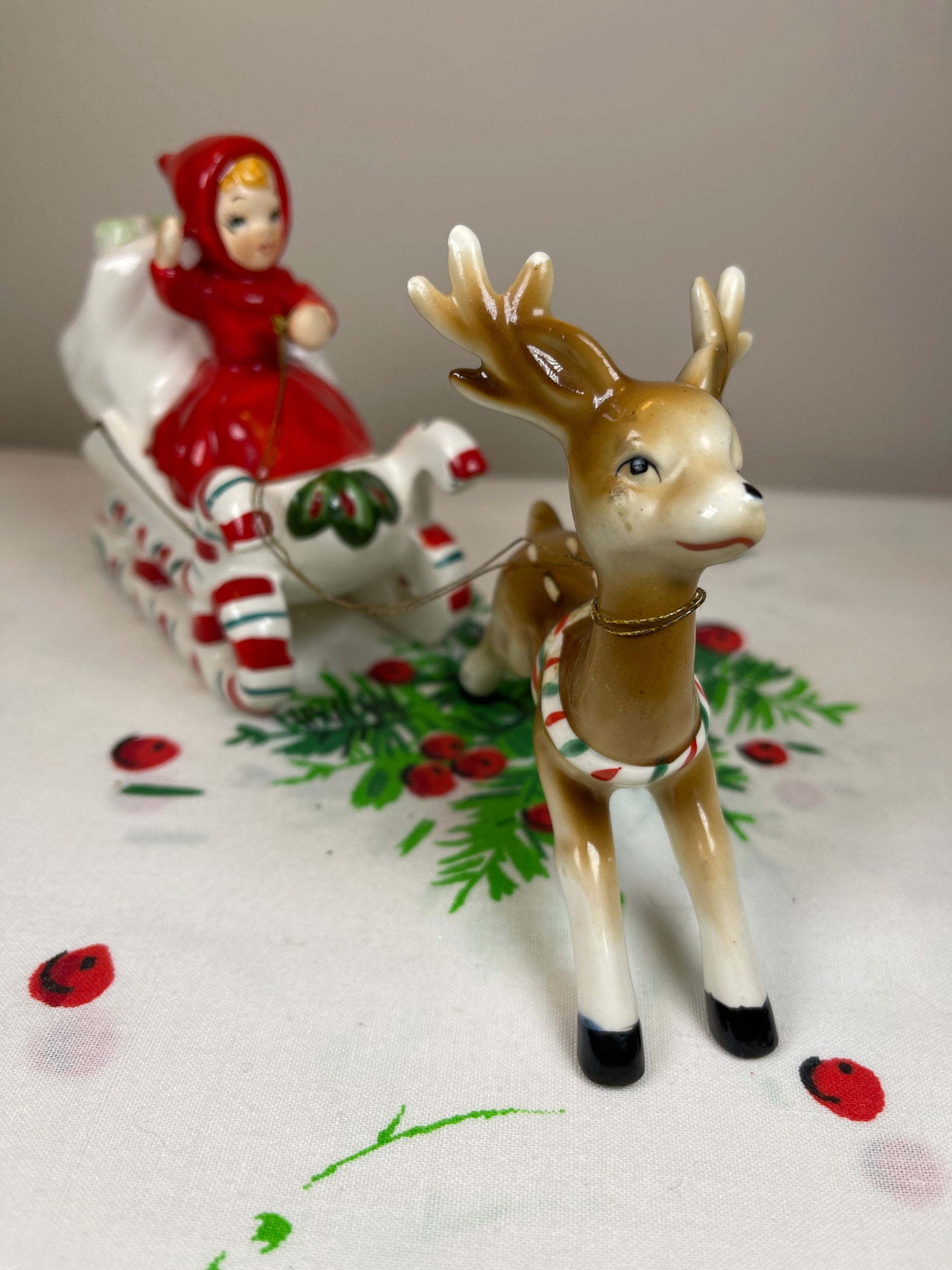 Vintage Christmas Girl in Sled With Reindeer-rare-mid Vintage Christmas Girl in Sled With Reindeer-rare-mid