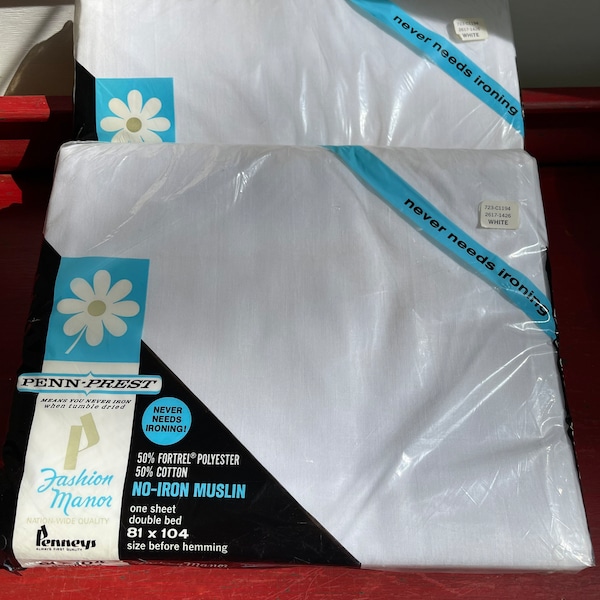 Vintage NOS Penneys Fashion Manor Penn-Prest all white cotton poly full flat sheet-double-2 available-81" x 104"-Mid century-RV-sewing