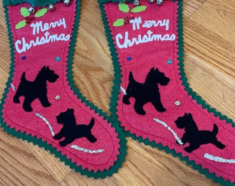 Vintage Felt stockings-Pet stockings-scottie dog cutouts-kitschy felt stockings-vintage christmas-jingle bells-embellished stockings-Mid cen
