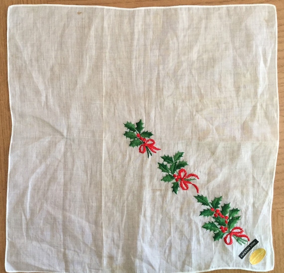 Vintage NOS 1960s white cotton Christmas handkerc… - image 2