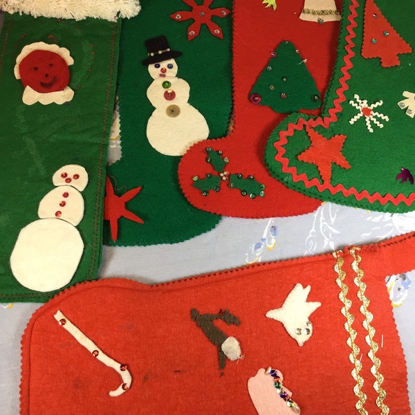 Vintage handmade lot of felt stockings-embellished-kitschy-mid century-kitschmas-retro xmas-home made-rick rack-snowman-tree-holly-candy can