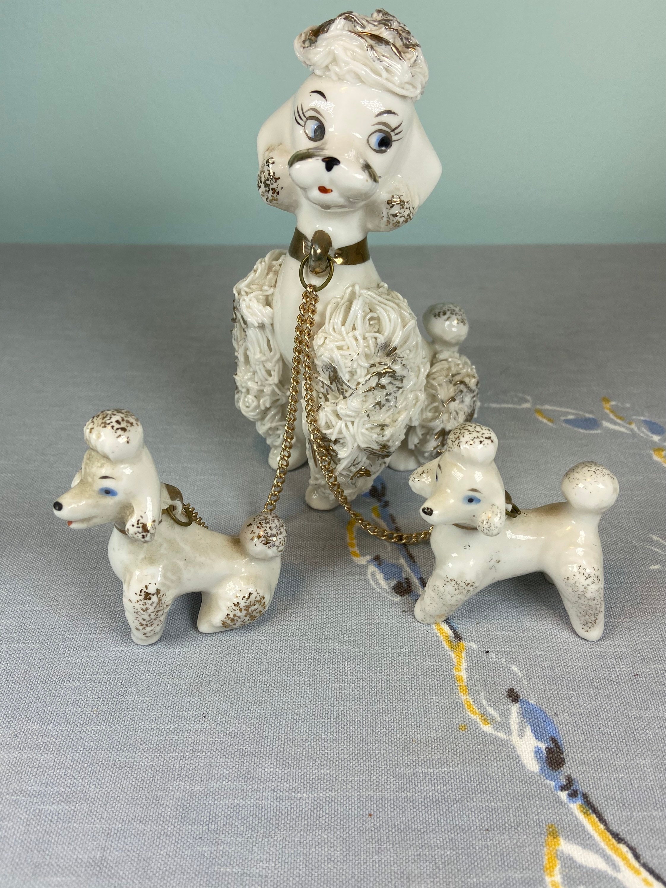 Vintage Lefton Chained Mom and Babies-poodles-c5898-mid Century