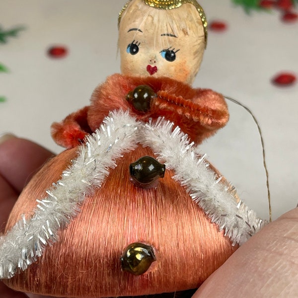 Vintage cotton spun head Christmas girl ornament-mid century-kitschy-atomic era xmas-kitschmas-satin thread-rare-tree decor-hand made japan