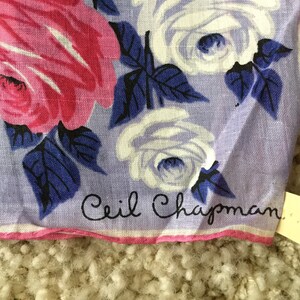 Vintage NOS 1950s white linen floral handkerchief-Ceil Chapman Carol Stanley Philippines-pink purple white flowers-retro midcentury hankie image 4