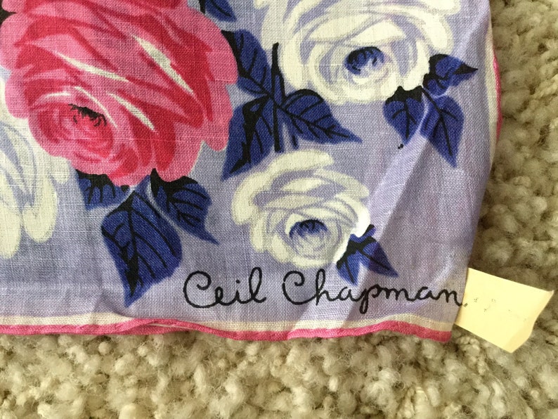 Vintage NOS 1950s white linen floral handkerchief-Ceil Chapman Carol Stanley Philippines-pink purple white flowers-retro midcentury hankie image 4