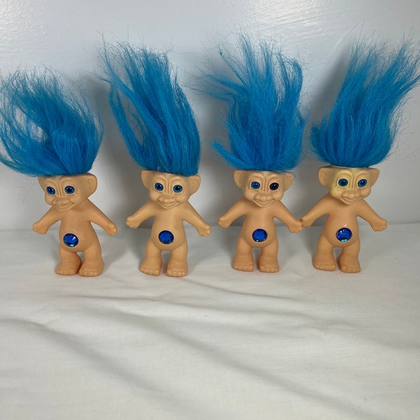 Vintage 1970s blue hair jewel belly button Troll dolls-4 available-kitschy-cute-creepy-collectible-No clothes-vintage toy-Kawaii-gnome-elf