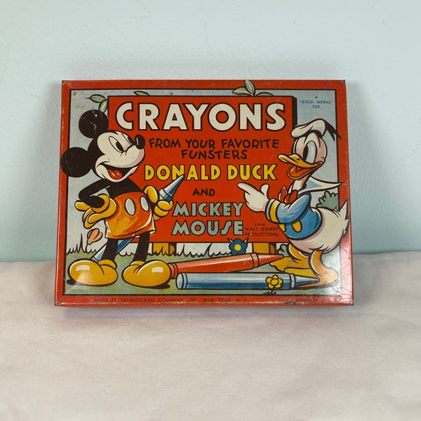 Vintage tin litho crayon tin-Walt Disney-Donald duck-Mickey mouse-Transogram company-a gold metal toy-mid century-kitschy-collectible-cute