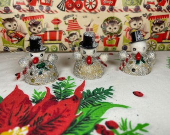 Vintage paper glitter snowman ornament-kitschy-mid century-cotton spun heads-mica-atomic era Christmas-retro-kitschmas-3 available-xmas