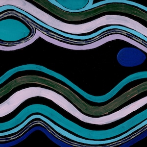 May include: Abstract painting with wavy lines in shades of blue, green, and purple on a black background.